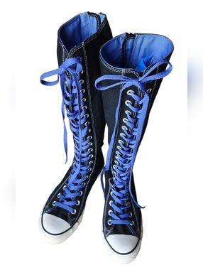 Converse Black Knee-High XX-Hi Lace-Ups with Blue Laces